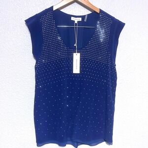 Rebecca Taylor Blue Studded 100% Silk Rhinestone Blouse Top Women's 8 NWT $325